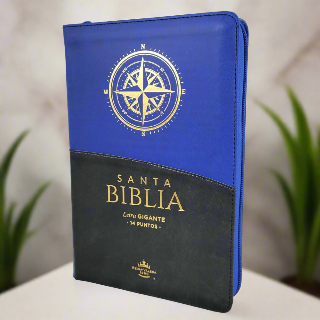 Santa Biblia Letra Gigante RVR1960, Con Indice y Cierre, Piel (Azul y Negro, Brujula)