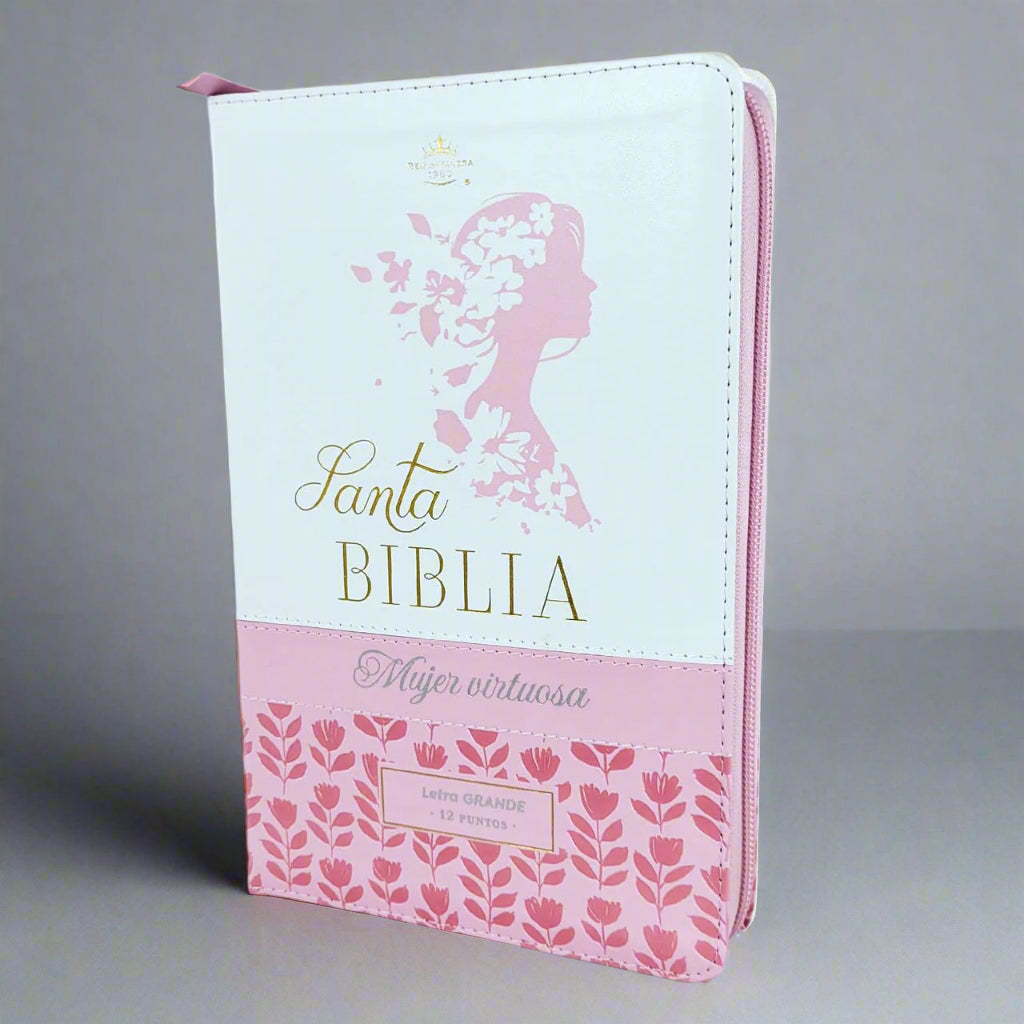 Santa Biblia Letra Grande RVR1960, Rosada, Flores y Canto Plateado (Mujer Virtuosa)
