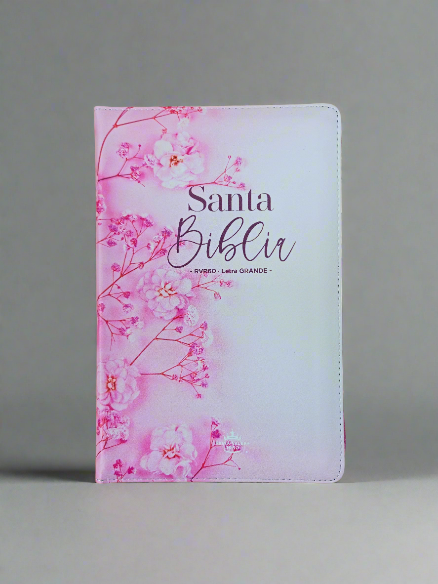 Santa Biblia Letra Grande RVR1960, Con Indice y Cierre, Piel (Rosa con flores)