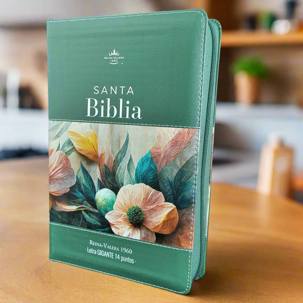Santa Biblia Letra Gigante RVR1960, Con Indice y Cierre, Piel (Verde Con Flores Abstractas)