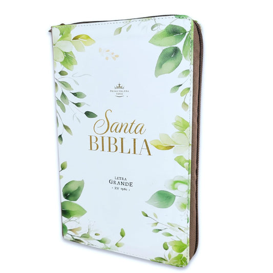 Santa Biblia RVR1960 Letra Grande, Con Indice y Cierre, Piel (Blanca Floreada)
