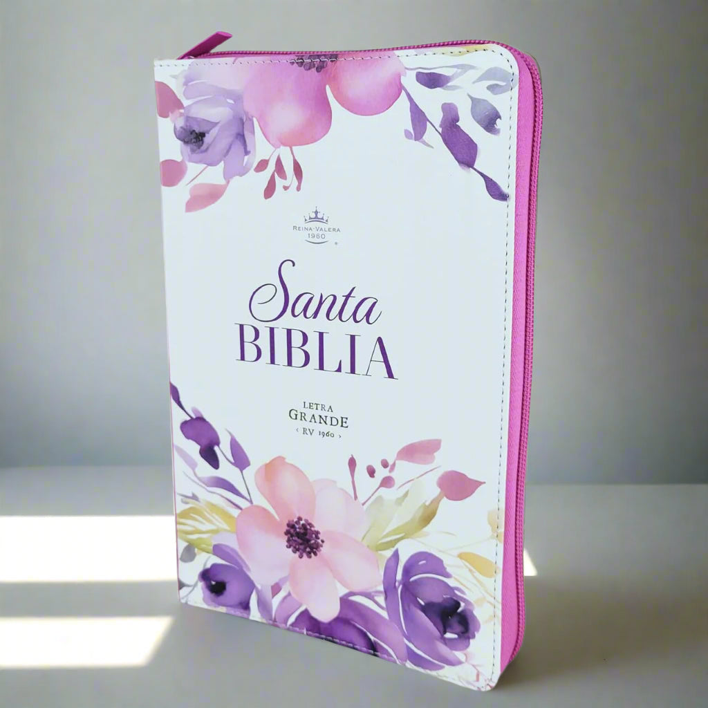 Santa Biblia RVR1960 Letra Grande, Con Indice y Cierre, Piel (Blanca Floral)