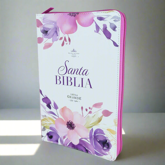 Santa Biblia RVR1960 Letra Grande, Con Indice y Cierre, Piel (Blanca Floral)
