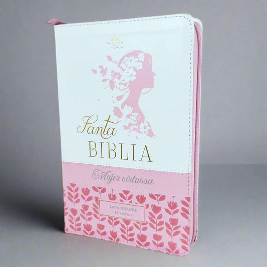 Santa Biblia Letra Grande RVR1960, Rosada, Flores y Canto Plateado (Mujer Virtuosa)