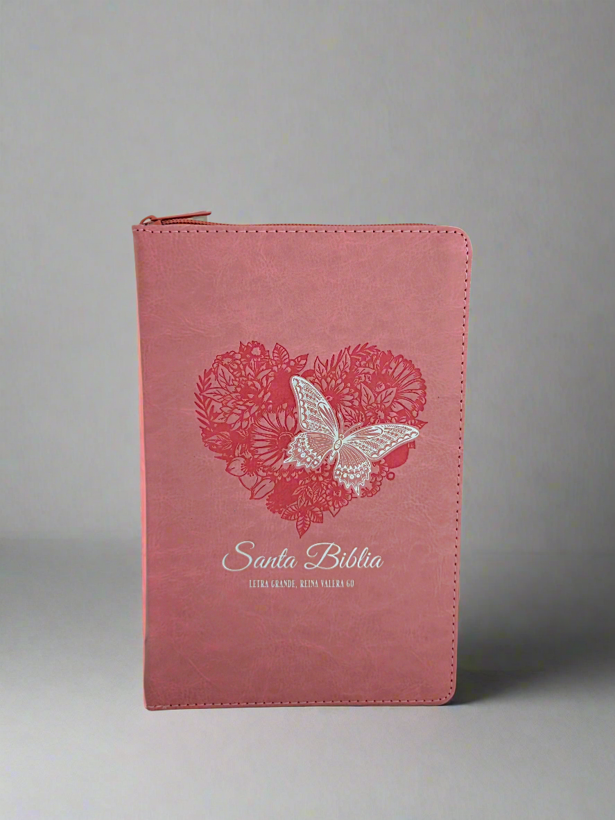 Santa Biblia Letra Grande RVR1960, Con Indice y Cierre, Piel (Corazon mariposa rosa)