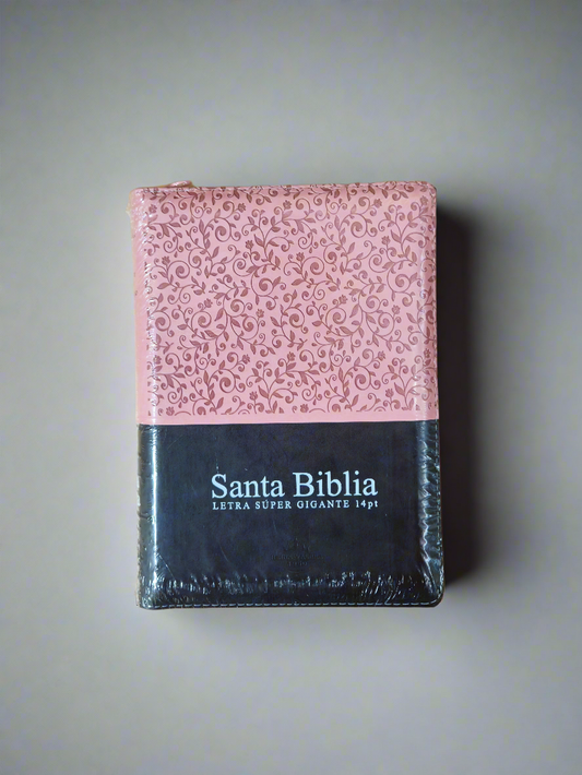 Santa Biblia RVR1960 Tamaño Manual, Letra Super Gigante, Con Indice y Cierre, Piel (Rosa/Marron)