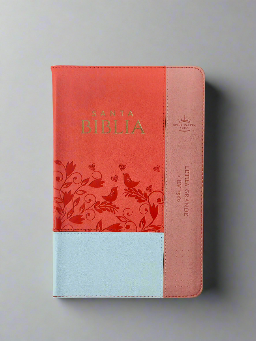 Santa Biblia Letra Grande RVR1960, Con Indice y Cierre, Piel (Blanco/coral pajaros)