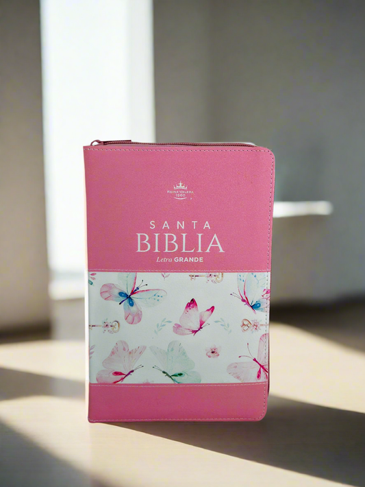 Santa Biblia Letra Grande RVR1960, Con Indice y Cierre, Piel (Rosa con mariposas)