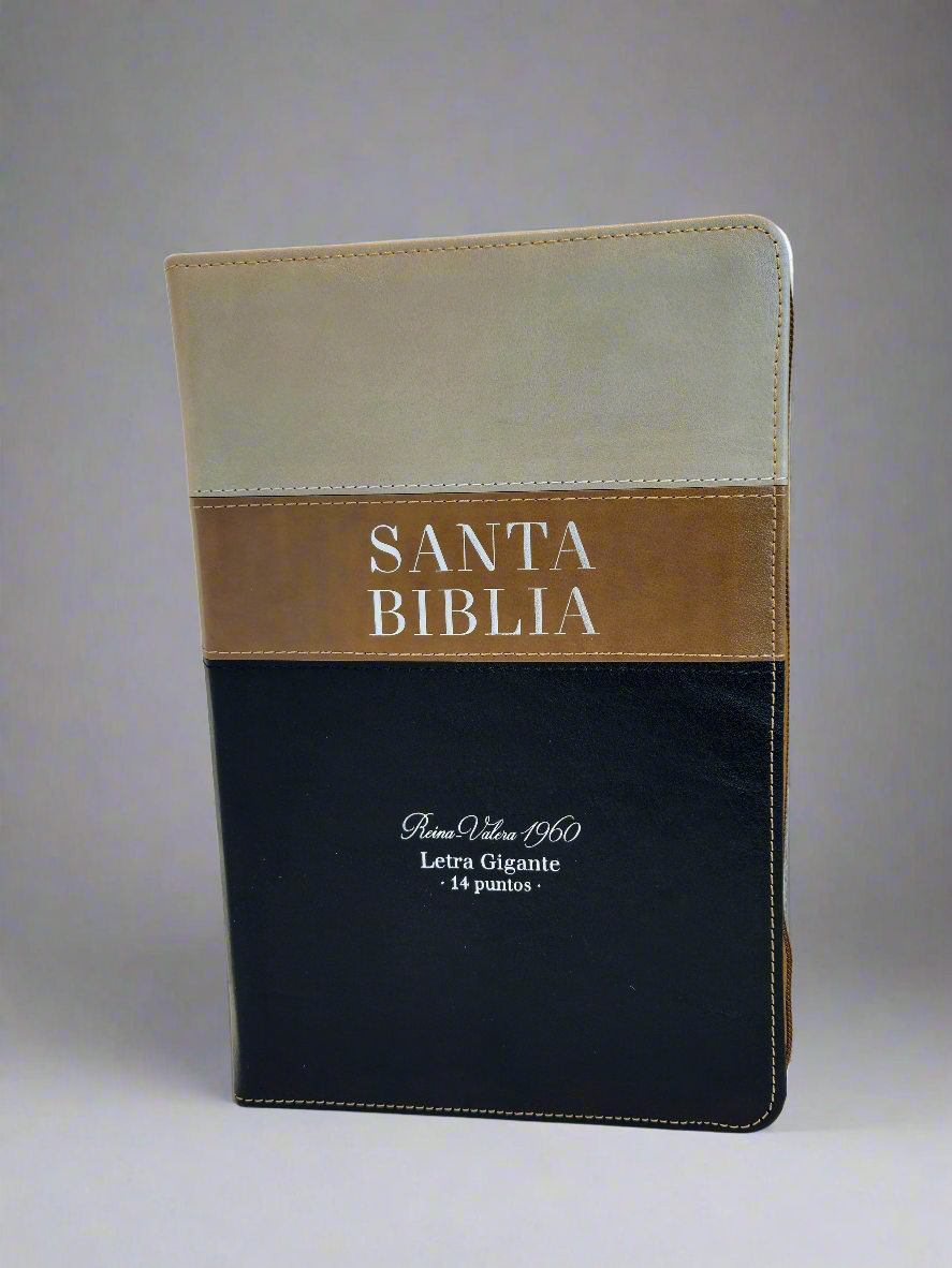 Santa Biblia Letra Gigante RVR60, Con Indice y Cierre, Piel (Tricolor, Beige/Cafe/Negro)