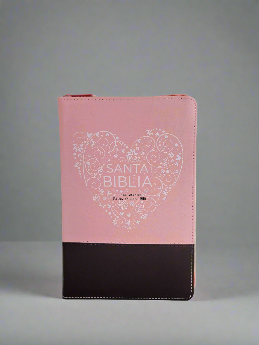 Santa Biblia Letra Grande RVR1960, Con Indice y Cierre, Piel (Corazon rosa,cafe)