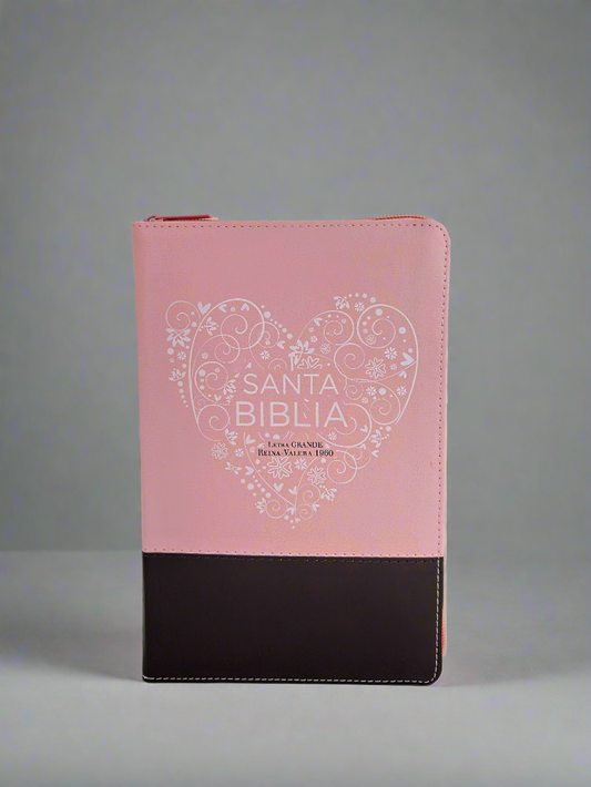 Santa Biblia Letra Grande RVR1960, Con Indice y Cierre, Piel (Corazon rosa,cafe)