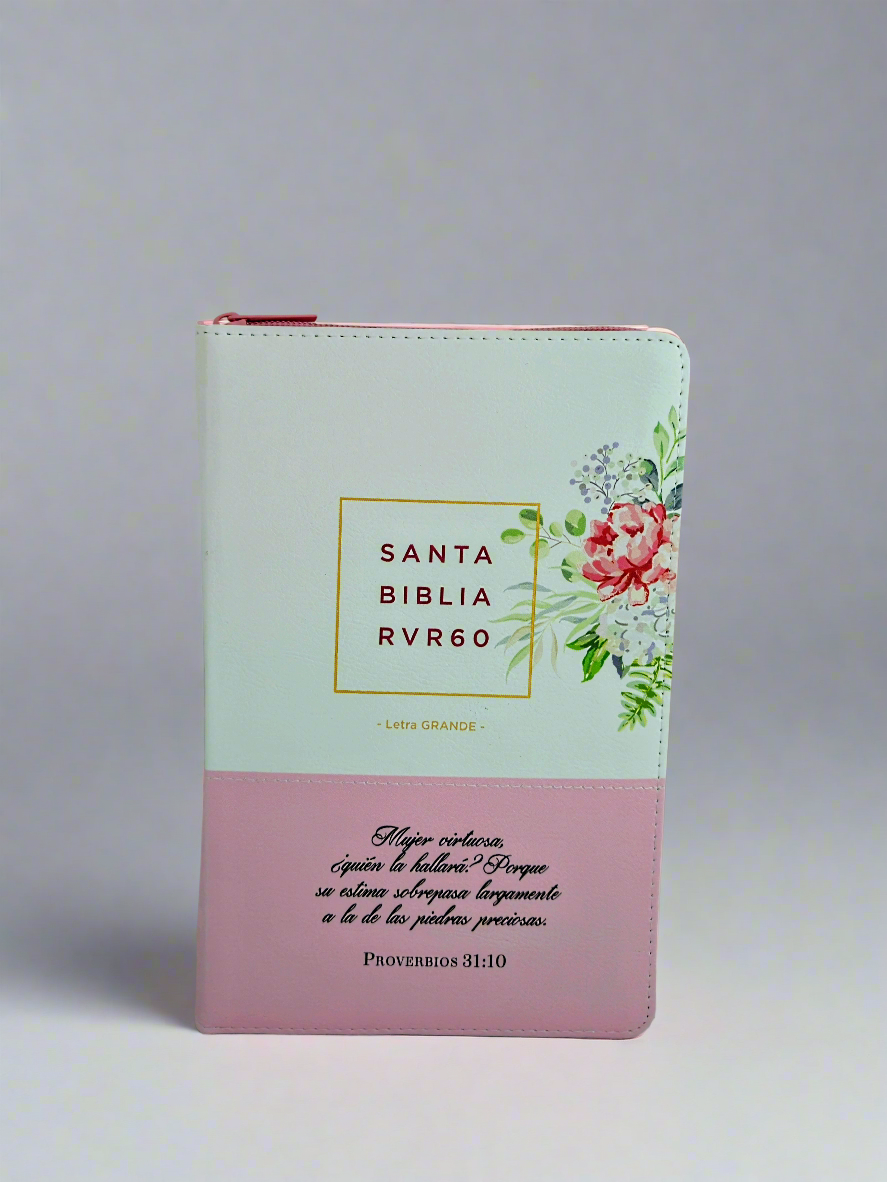 Santa Biblia Letra Grande RVR1960, Con Indice y Cierre, Piel (Blanco,rosa floral)