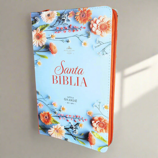 Santa Biblia RVR1960 Letra Grande, Con Índice y Cierre, Piel (Floral, Azul y Naranja)